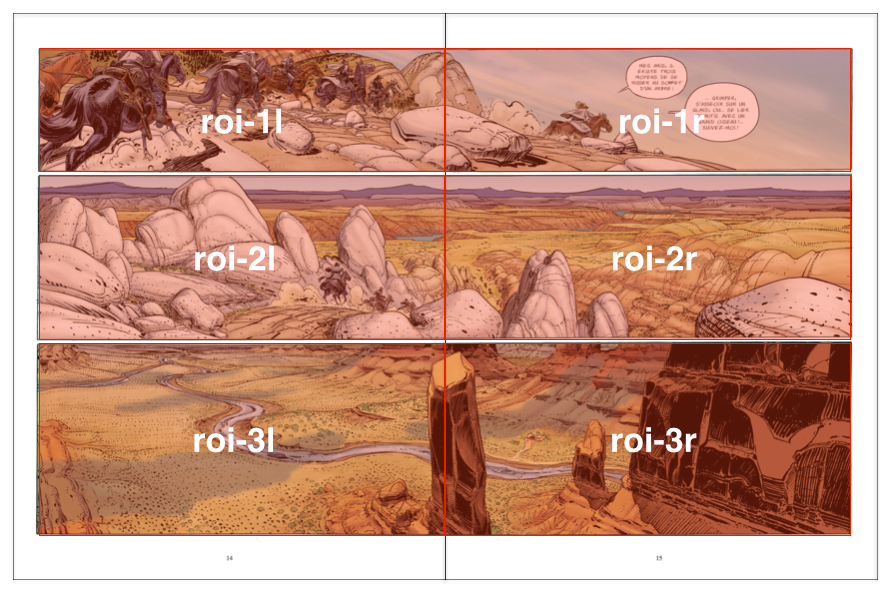 Three panels that each span the two pages